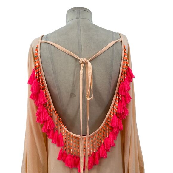 Sundress Indiana Dress Tunic Beach‎ Tasseled Beaded Peach Neon Pink Size XS - Picture 9 of 13